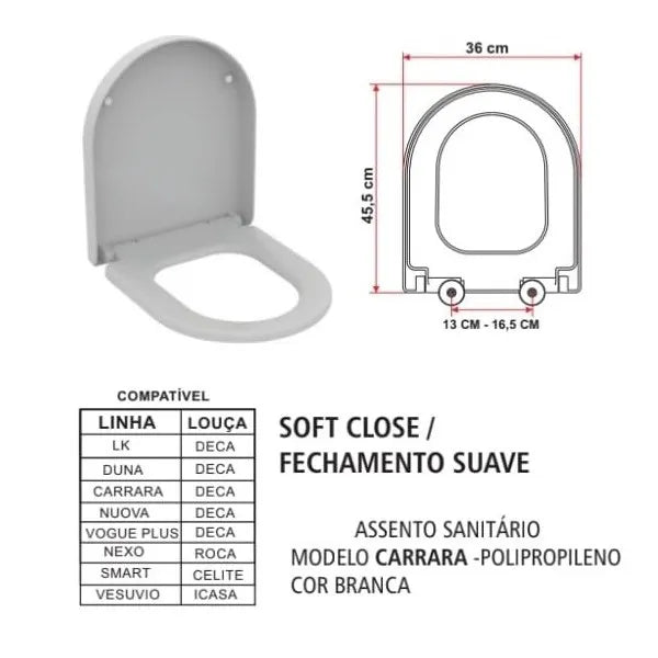 Assento Sanitário Modelo Carrara Branco Fechamento Suave Soft Close